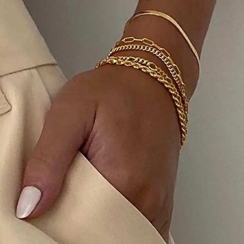 Gold Plated Stainless Steel 5PC Chain Bracelet Stack Layered Set